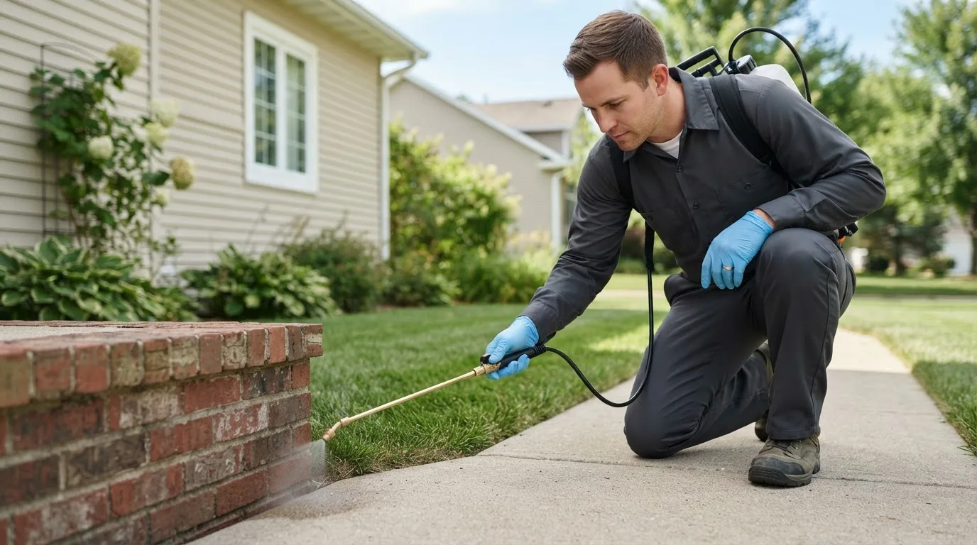 Pest control technician treating a home near Casselton, ND